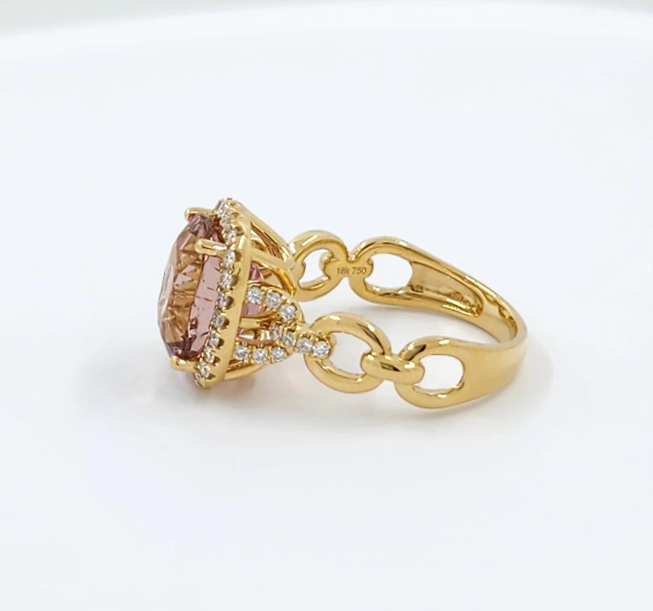 Women's 4.48 Carat Pink Tourmaline and Diamond Ring in 18K Yellow Gold For Sale