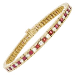 4.48 Carat Ruby and Diamond Tennis Bracelet in 14 Karat Yellow Gold