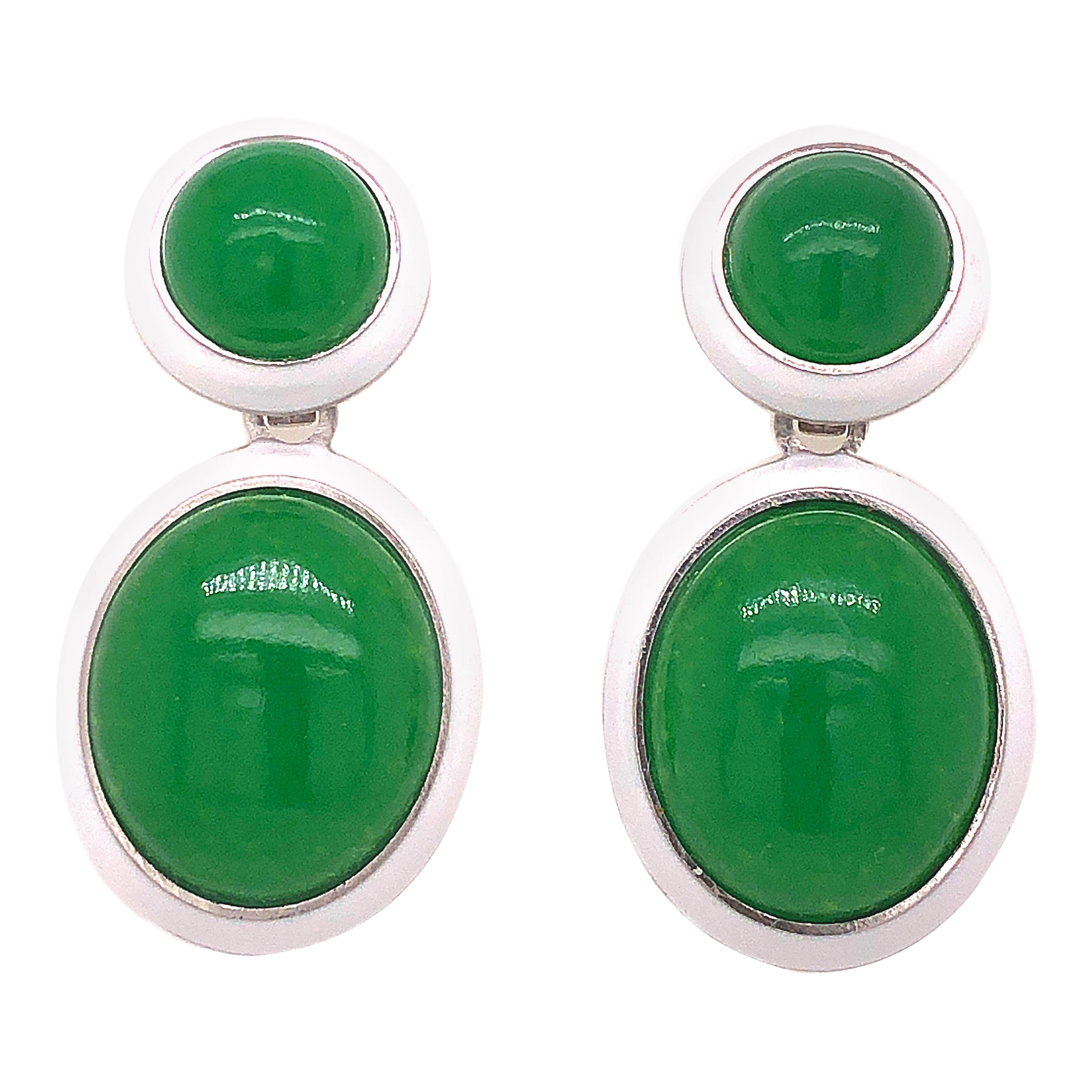 Berca 44.8 Kt Natural Green Jade White Hand Enameled Sterling Silver Earrings For Sale