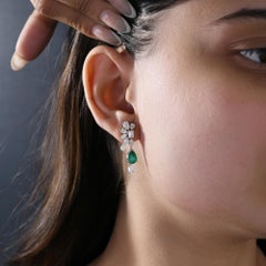 4.48 TCW Pear Cut Emerald SI/H Diamond Cluster Drop Earrings 14k White Gold