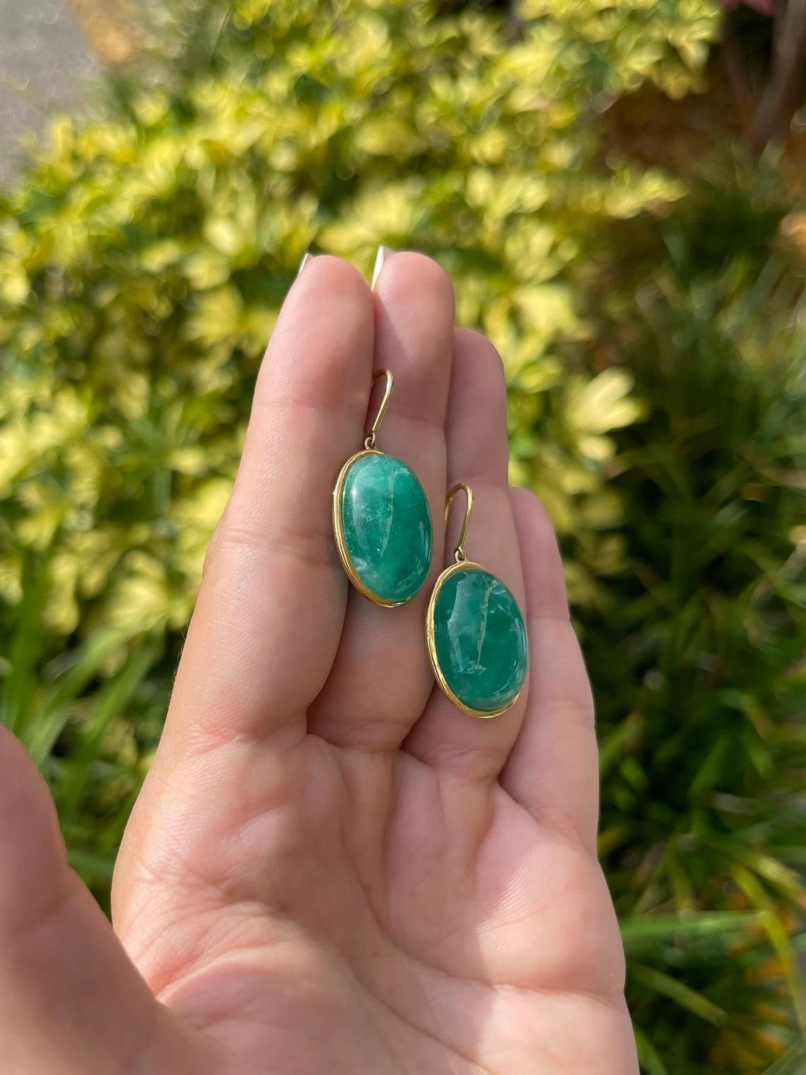 Modern 44.80tcw Huge Oval Colombian Emerald Cabochon Cut Hook Dangle Earrings 18K For Sale