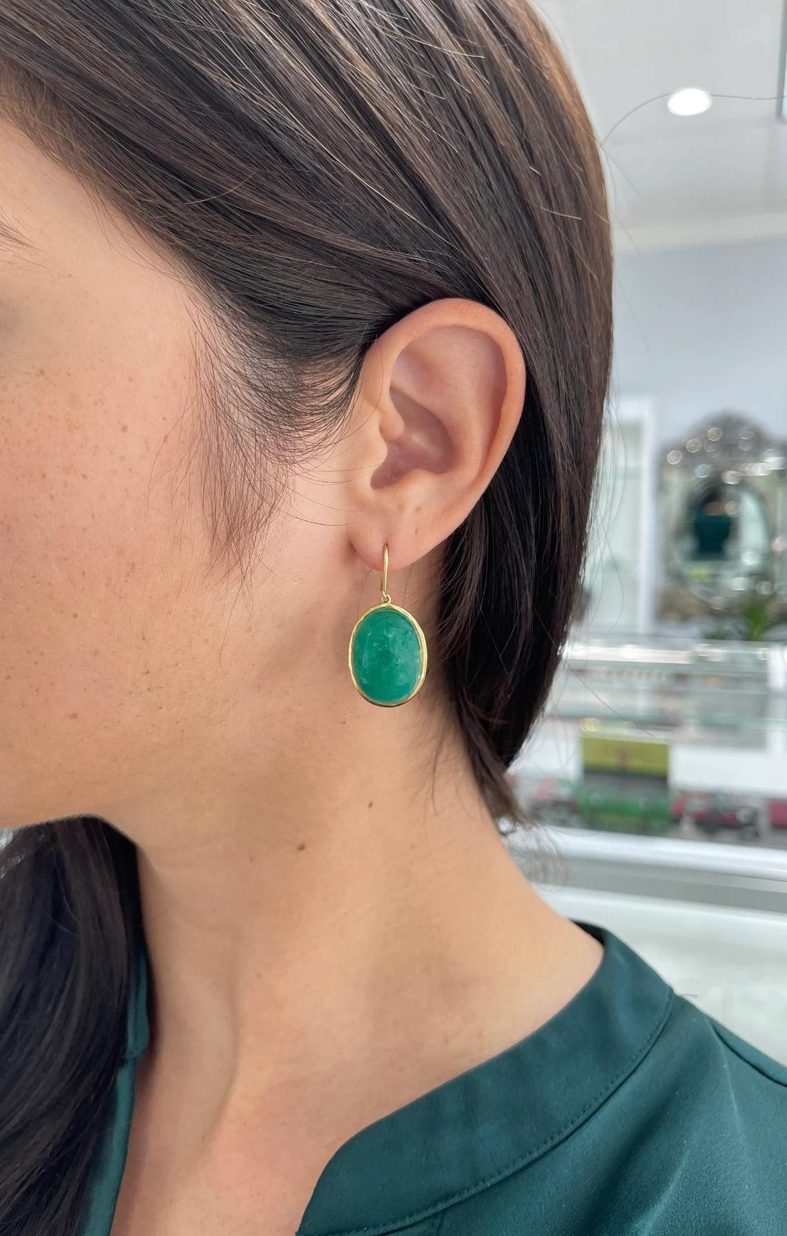 44.80tcw Huge Oval Colombian Emerald Cabochon Cut Hook Dangle Earrings 18K In New Condition For Sale In Jupiter, FL