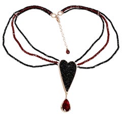 44.84 carat druzy agate, 6.13 carat rhodolite garnet, and 14k rose gold necklace