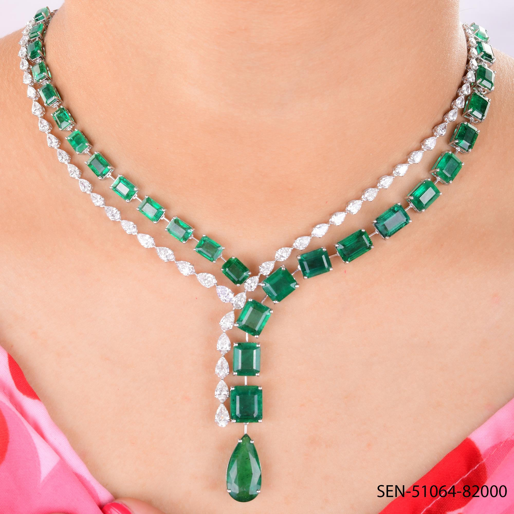 44.88Ct Zambian Emerald Diamond Drop Necklace 14k White Gold Handmade Jewelry
Designed in a refined Y-shaped lariat silhouette, the necklace features a continuous strand of step-cut square emeralds and pear cut diamonds.
Emeralds are symbols of