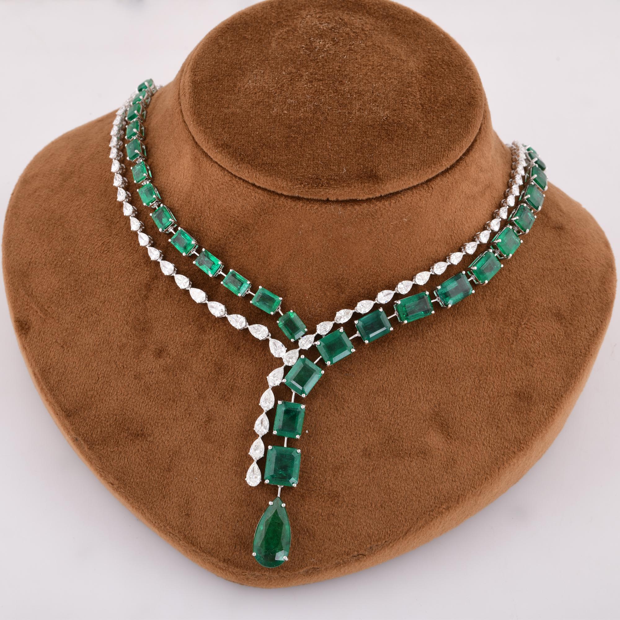 Emerald Cut 44.88Ct Zambian Emerald Diamond Drop Necklace 14k White Gold Handmade Jewelry For Sale