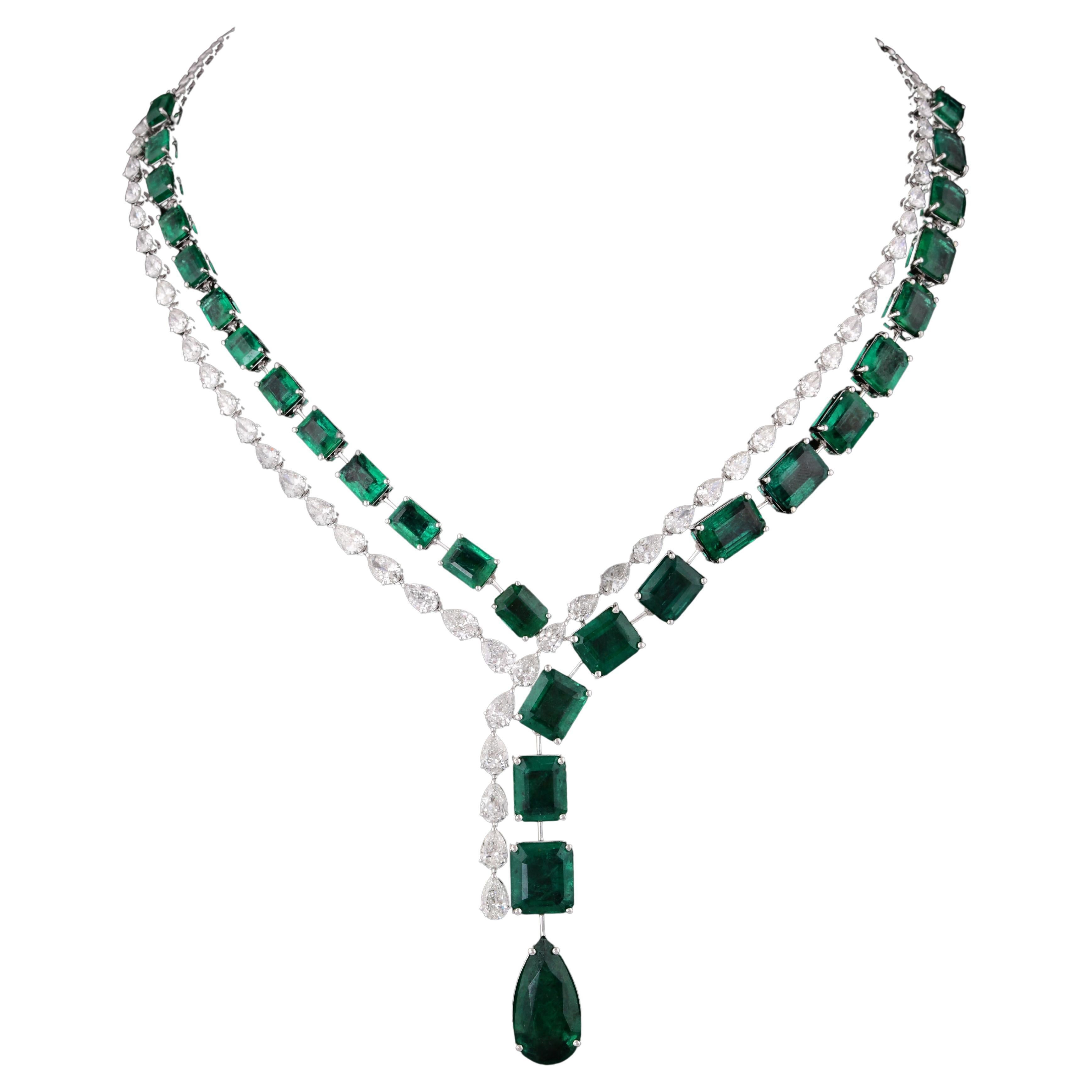 44.88Ct Zambian Emerald Diamond Drop Necklace 14k White Gold Handmade Jewelry In New Condition For Sale In Diera, Dubai