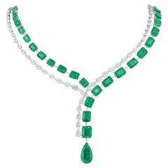 44.88Ct Zambian Emerald Diamond Drop Necklace 14k White Gold Handmade Jewelry
