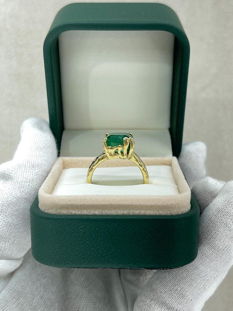 4.48ct 14K Organic Emerald Solitaire Ring - Dark Green Asscher Cut Gold Nugget For Sale 5