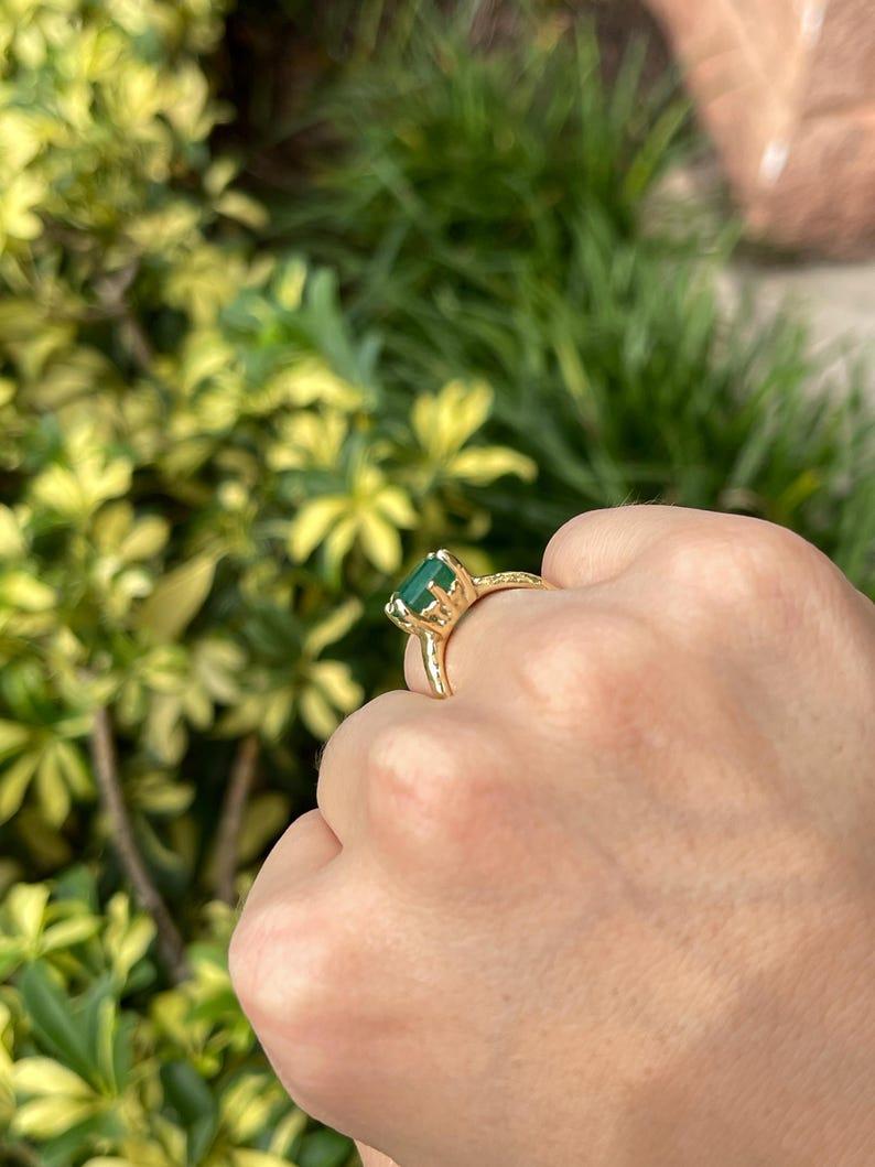 4.48ct 14K Organic Emerald Solitaire Ring - Dark Green Asscher Cut Gold Nugget For Sale 2