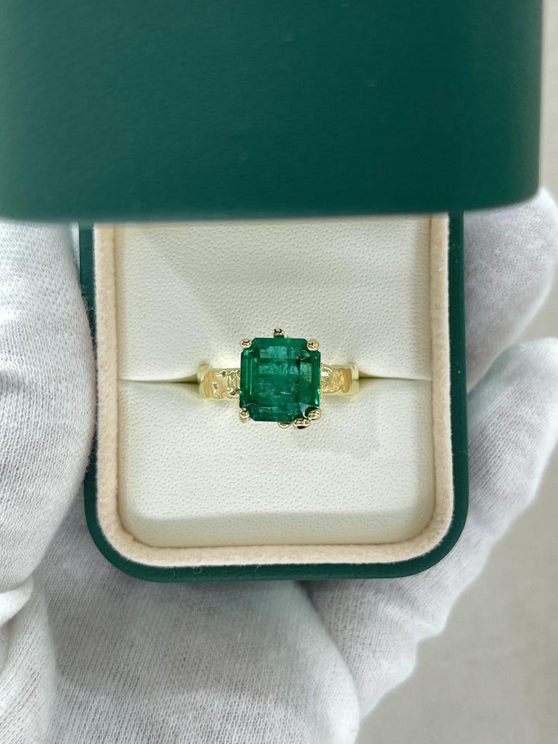 4.48ct 14K Organic Emerald Solitaire Ring - Dark Green Asscher Cut Gold Nugget For Sale 3