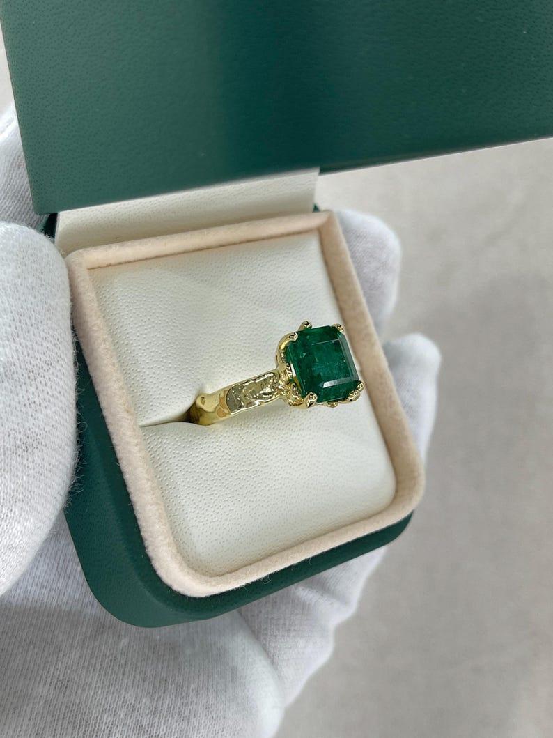 4.48ct 14K Organic Emerald Solitaire Ring - Dark Green Asscher Cut Gold Nugget For Sale 4
