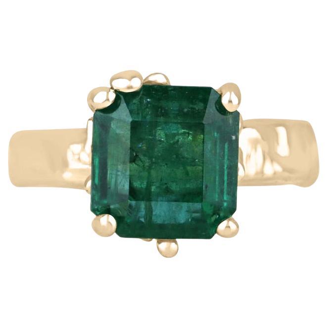4.48ct 14K Organic Emerald Solitaire Ring - Dark Green Asscher Cut Gold Nugget For Sale