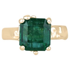 Bague solitaire en émeraude organique 14 carats de 4,48 carats - pépite d'or de taille Asscher vert foncé