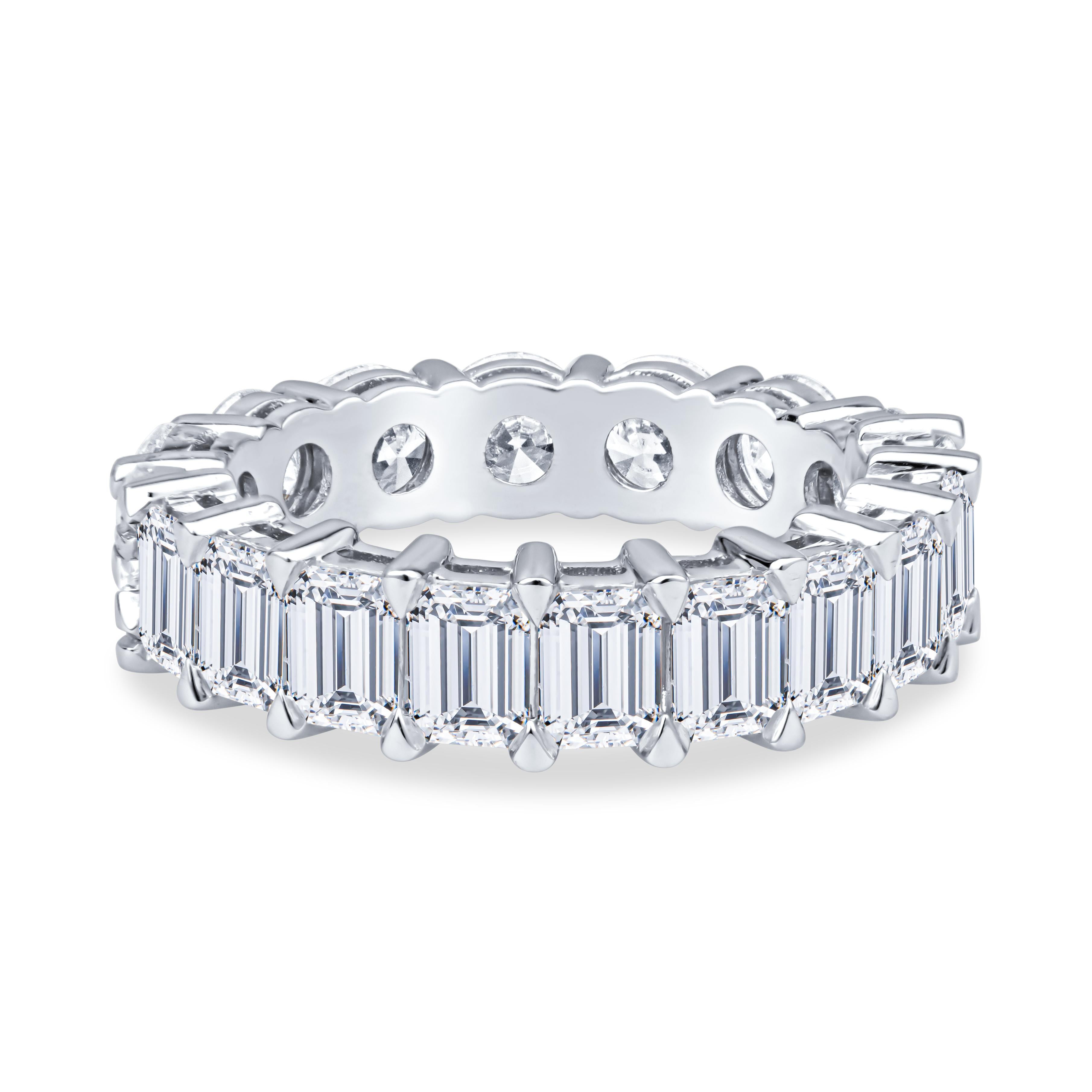 This incredibly unique eternity bands offers the best of both worlds. One side is comprised of 9 emerald cut diamonds and the other side is comprised of 9 round diamonds, adding up to 4.48ctw in diamonds. It can be worn on either side or in the