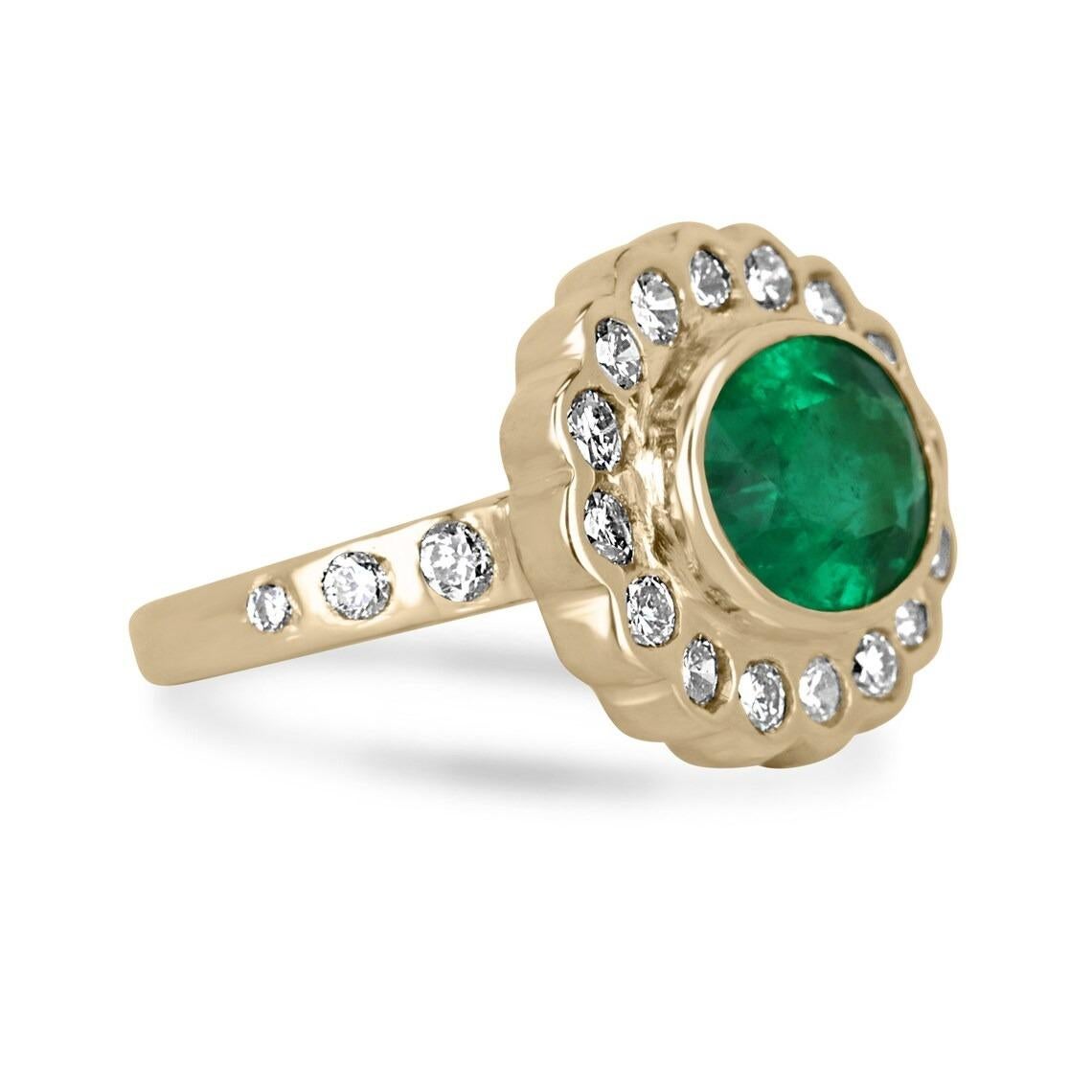 This stunning ring features a Colombian emerald of exceptional quality, cut into an elegant oval shape and set in 18k gold. The rich, dark green color of the emerald is truly vivid and eye-catching. The center stone is surrounded by a sparkling halo