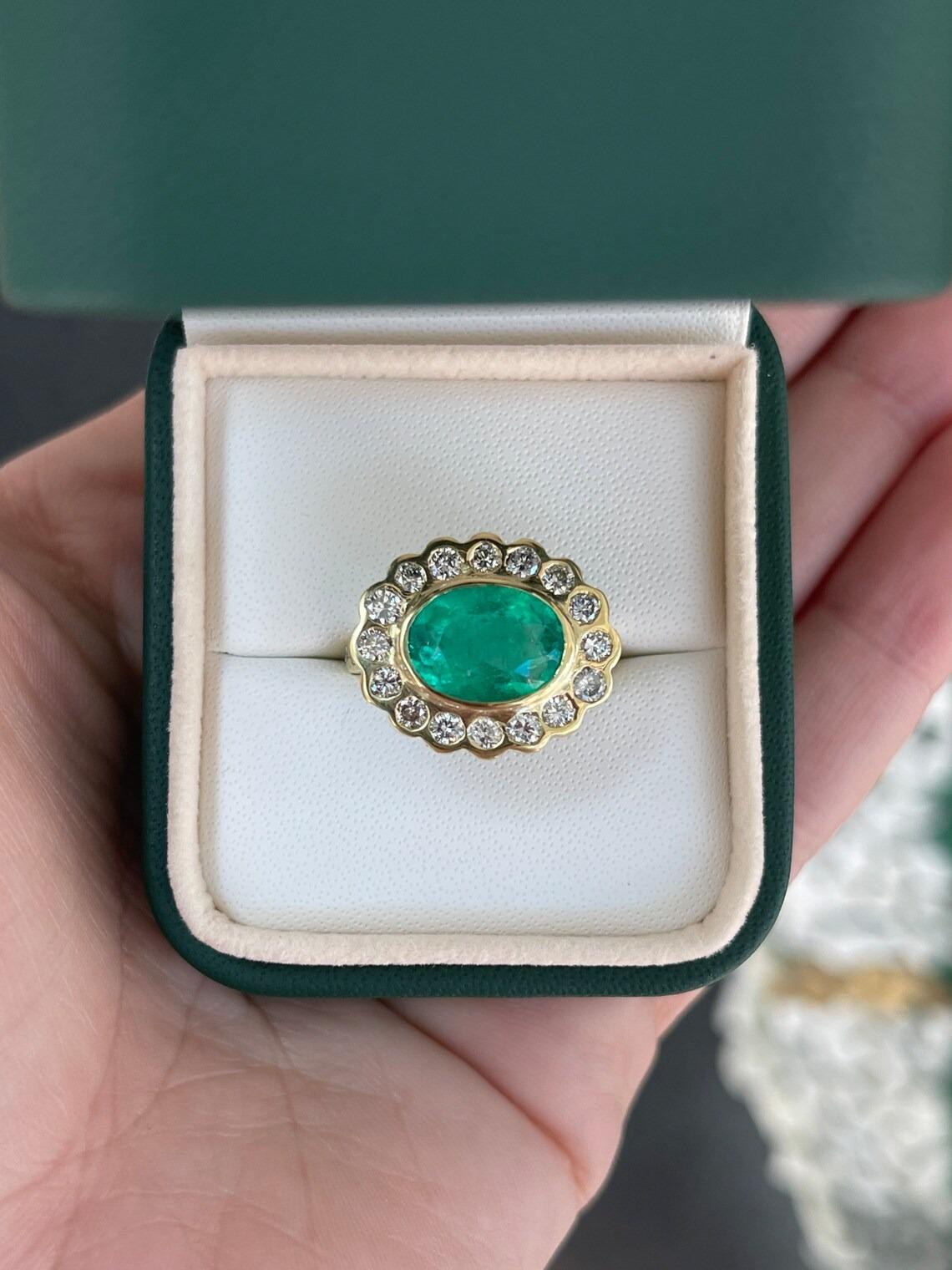 Art Deco 4.48tcw 18K Fine Quality Colombian Emerald & Diamond Halo Accent Floral Ring For Sale