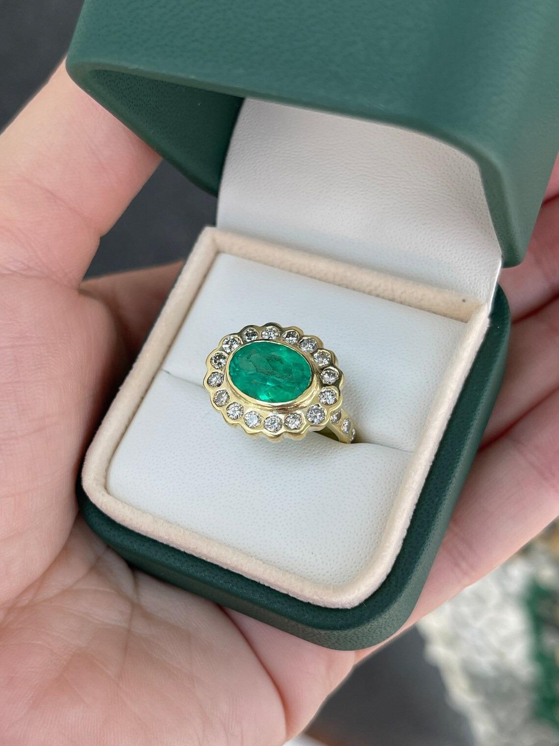Oval Cut 4.48tcw 18K Fine Quality Colombian Emerald & Diamond Halo Accent Floral Ring For Sale