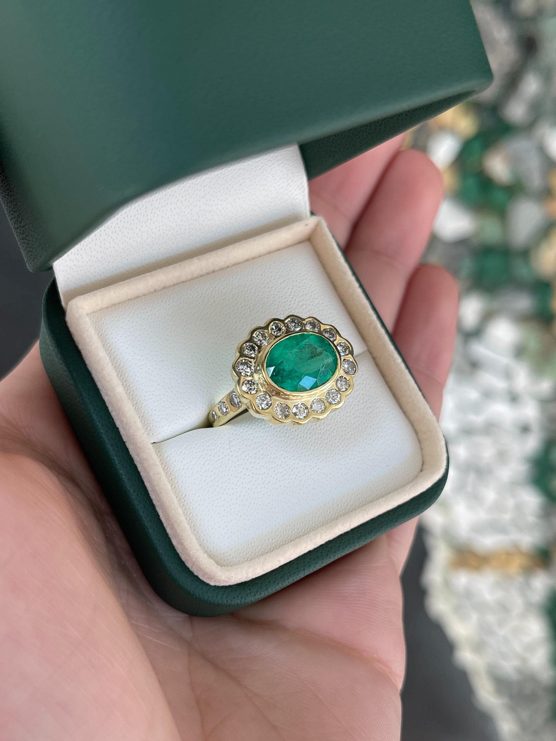 4.48tcw 18K Fine Quality Colombian Emerald & Diamond Halo Accent Floral Ring In New Condition For Sale In Jupiter, FL