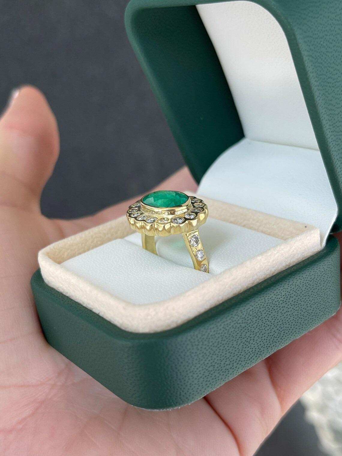 Women's 4.48tcw 18K Fine Quality Colombian Emerald & Diamond Halo Accent Floral Ring For Sale