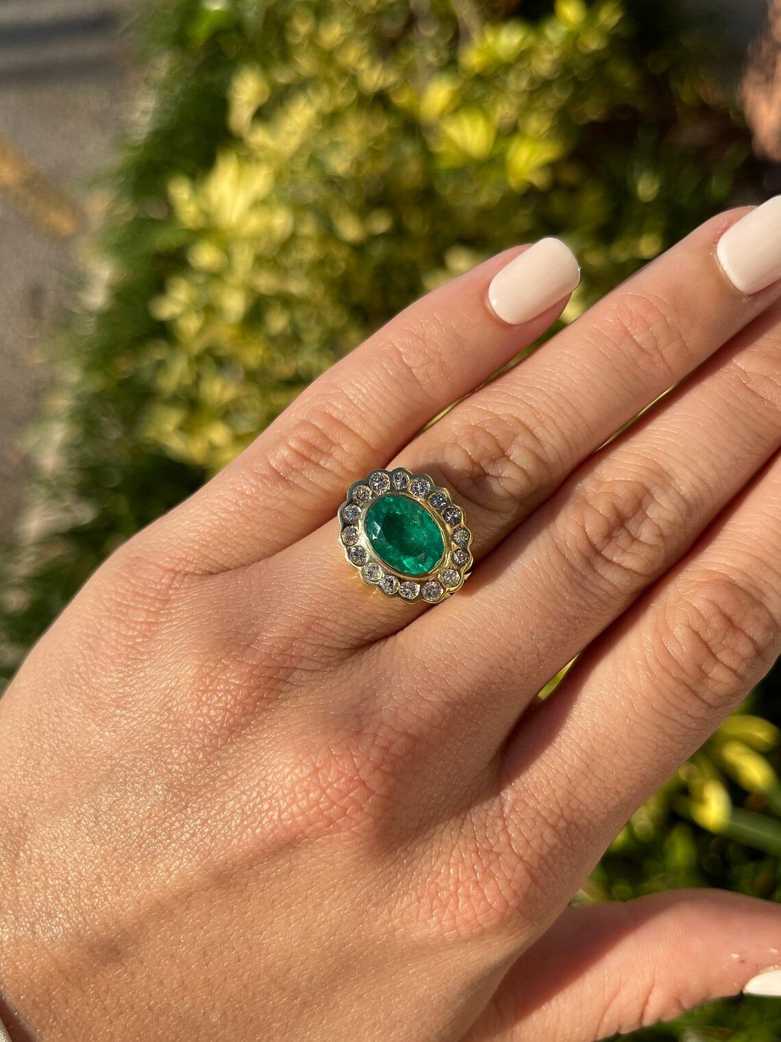 4.48tcw 18K Fine Quality Colombian Emerald & Diamond Halo Accent Floral Ring For Sale 2
