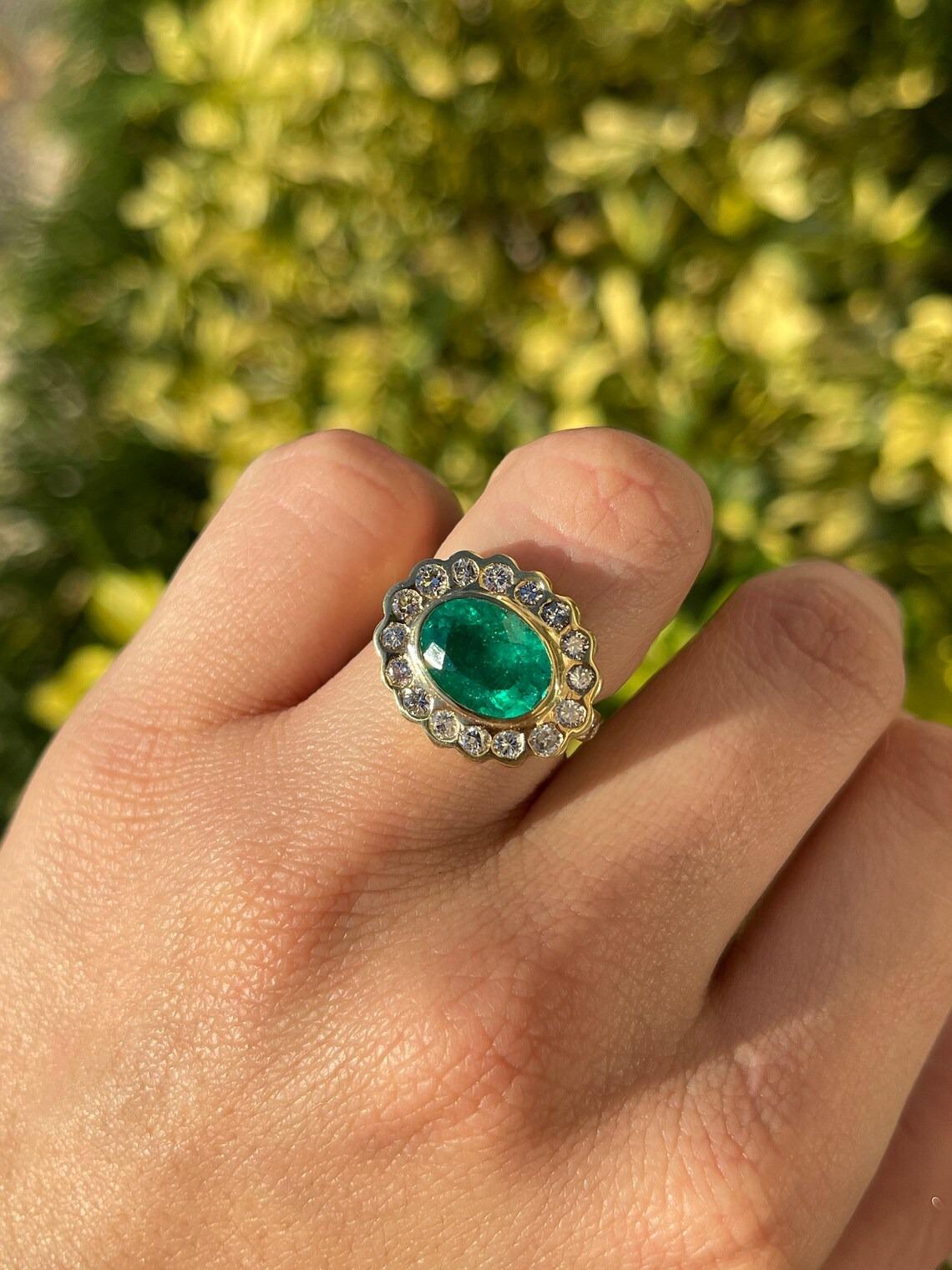 4.48tcw 18K Fine Quality Colombian Emerald & Diamond Halo Accent Floral Ring For Sale 3