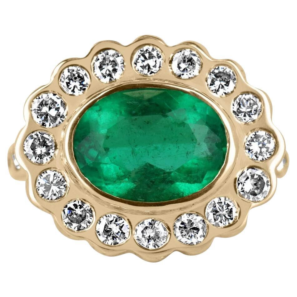 4.48tcw 18K Fine Quality Colombian Emerald & Diamond Halo Accent Floral Ring For Sale