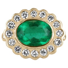4.48tcw 18K Fine Quality Colombian Emerald & Diamond Halo Accent Floral Ring