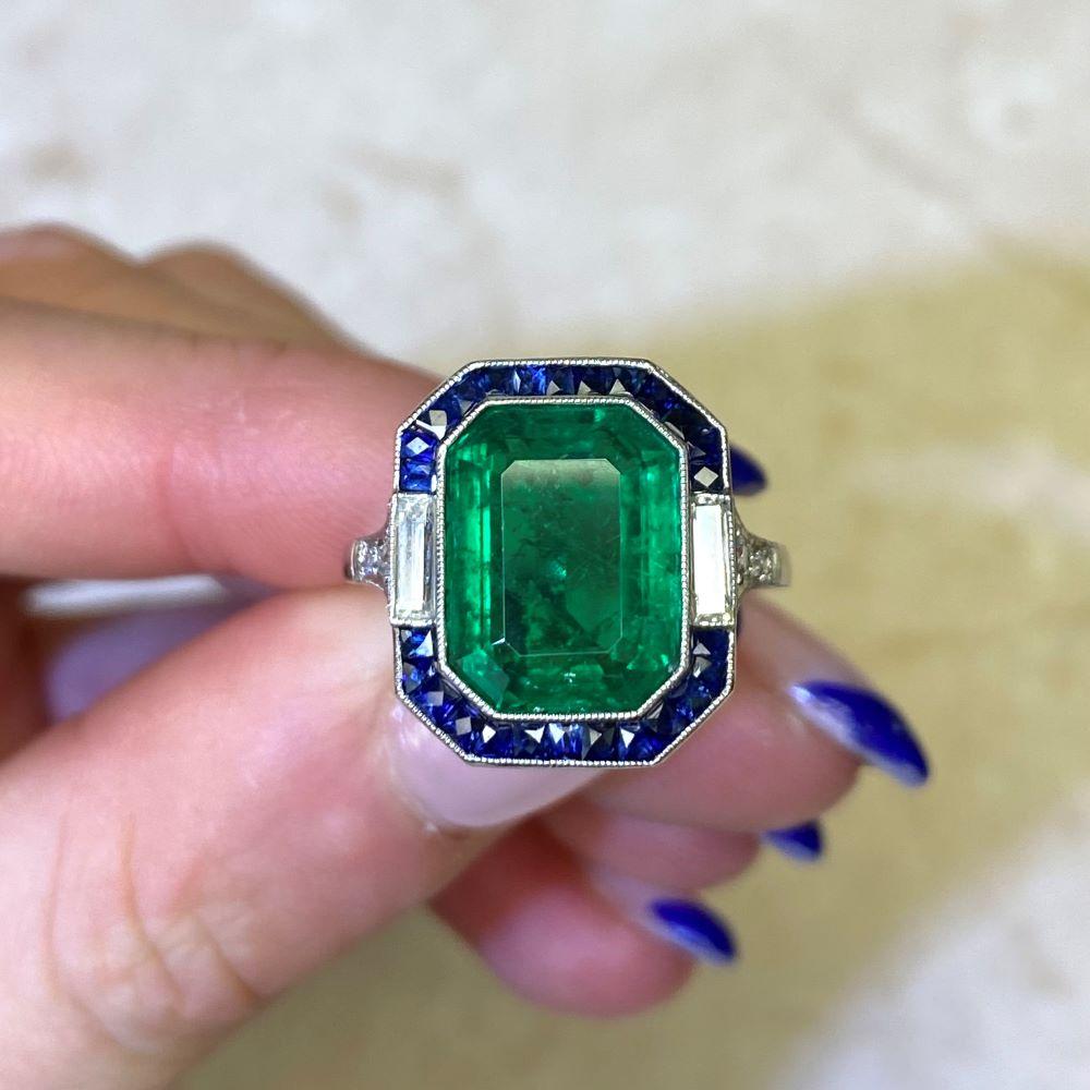4.49 Carat Colombian Emerald Engagement Ring, Sapphire Halo, Platinum 5
