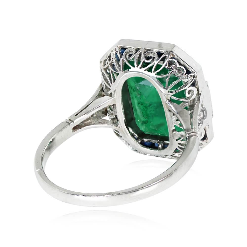 Emerald Cut 4.49 Carat Colombian Emerald Engagement Ring, Sapphire Halo, Platinum