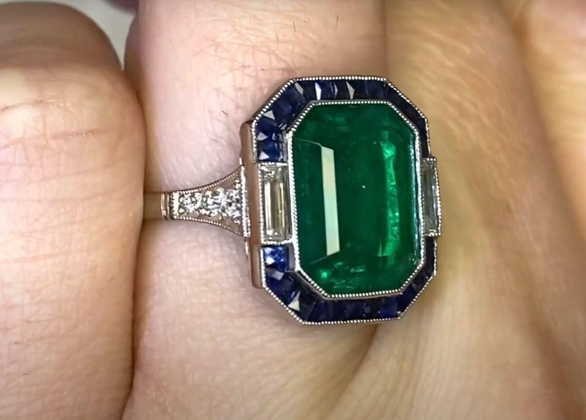 Women's 4.49 Carat Colombian Emerald Engagement Ring, Sapphire Halo, Platinum