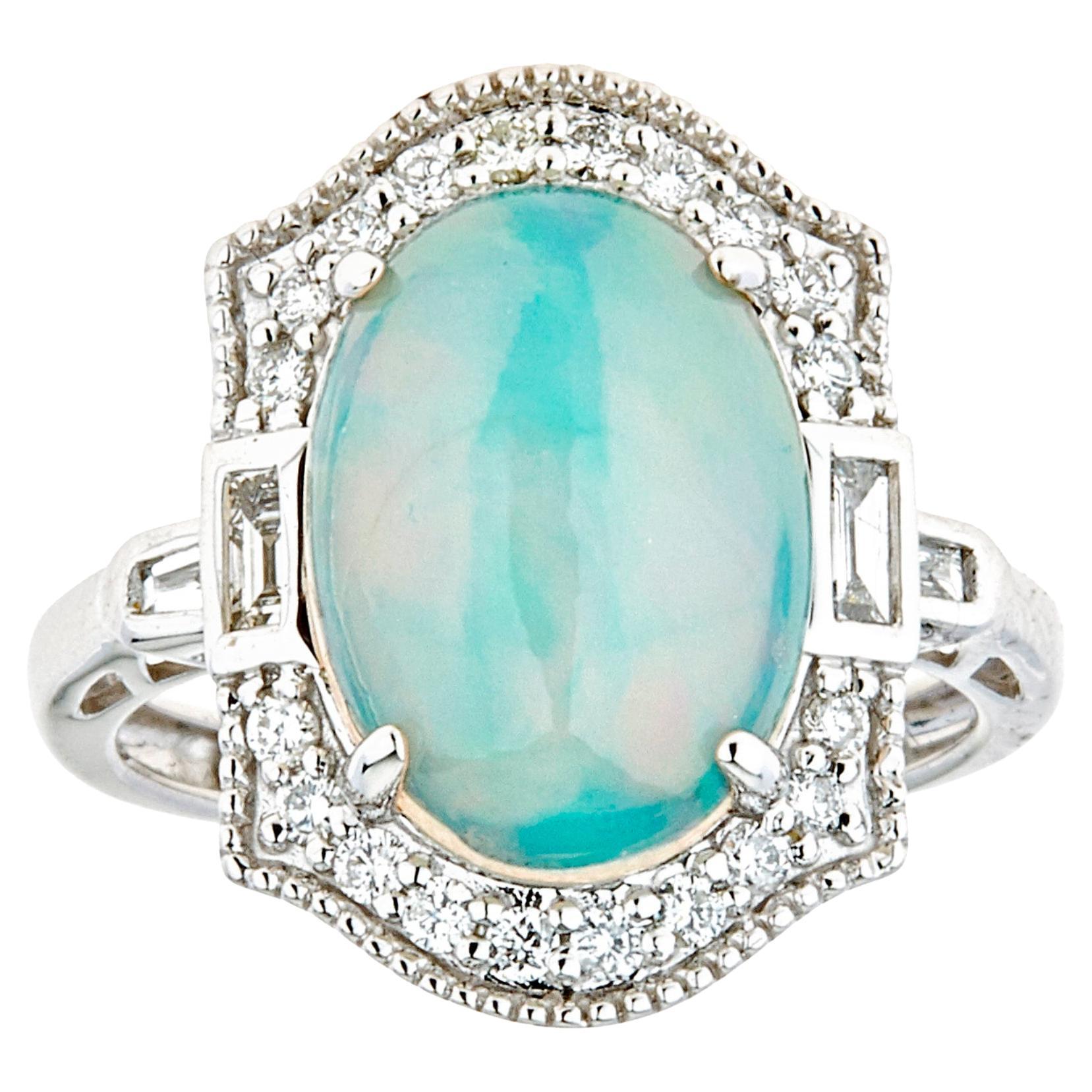 4.49 Carat Ethiopian Opal Oval Cab Diamond Accents 14K White Gold Ring