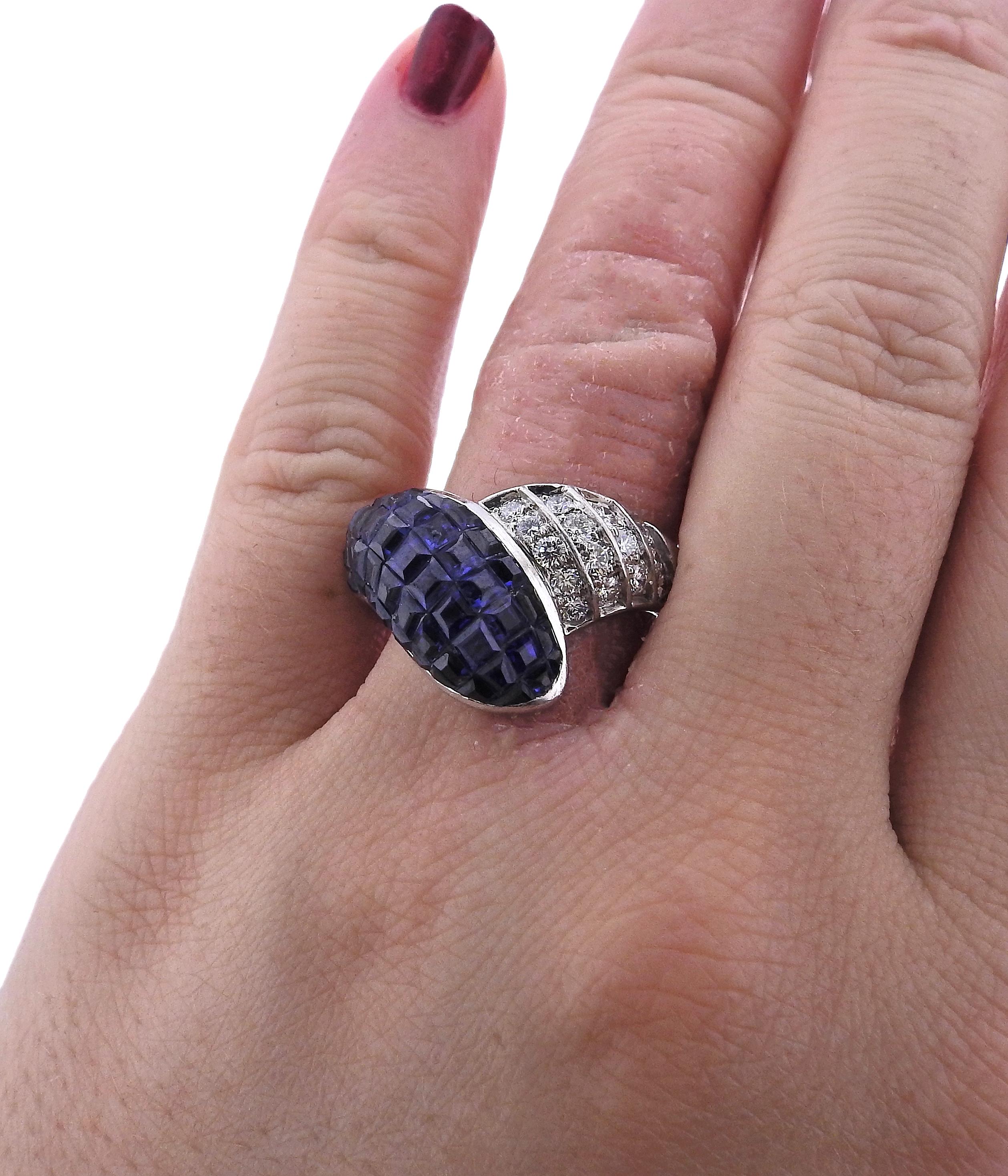 4.49 Carat Invisible Set Sapphire Diamond Platinum Cocktail Ring In Excellent Condition For Sale In New York, NY