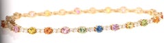 4.49 Carat Multicolored Sapphire Diamond Yellow Gold Tennis Bracelet