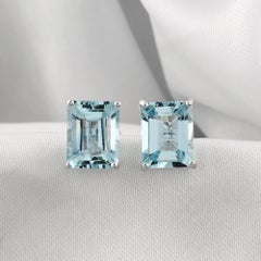 4.49 Carat Natural Aquamarine Emerald Cut Solitaire Stud Earrings 18K White Gold