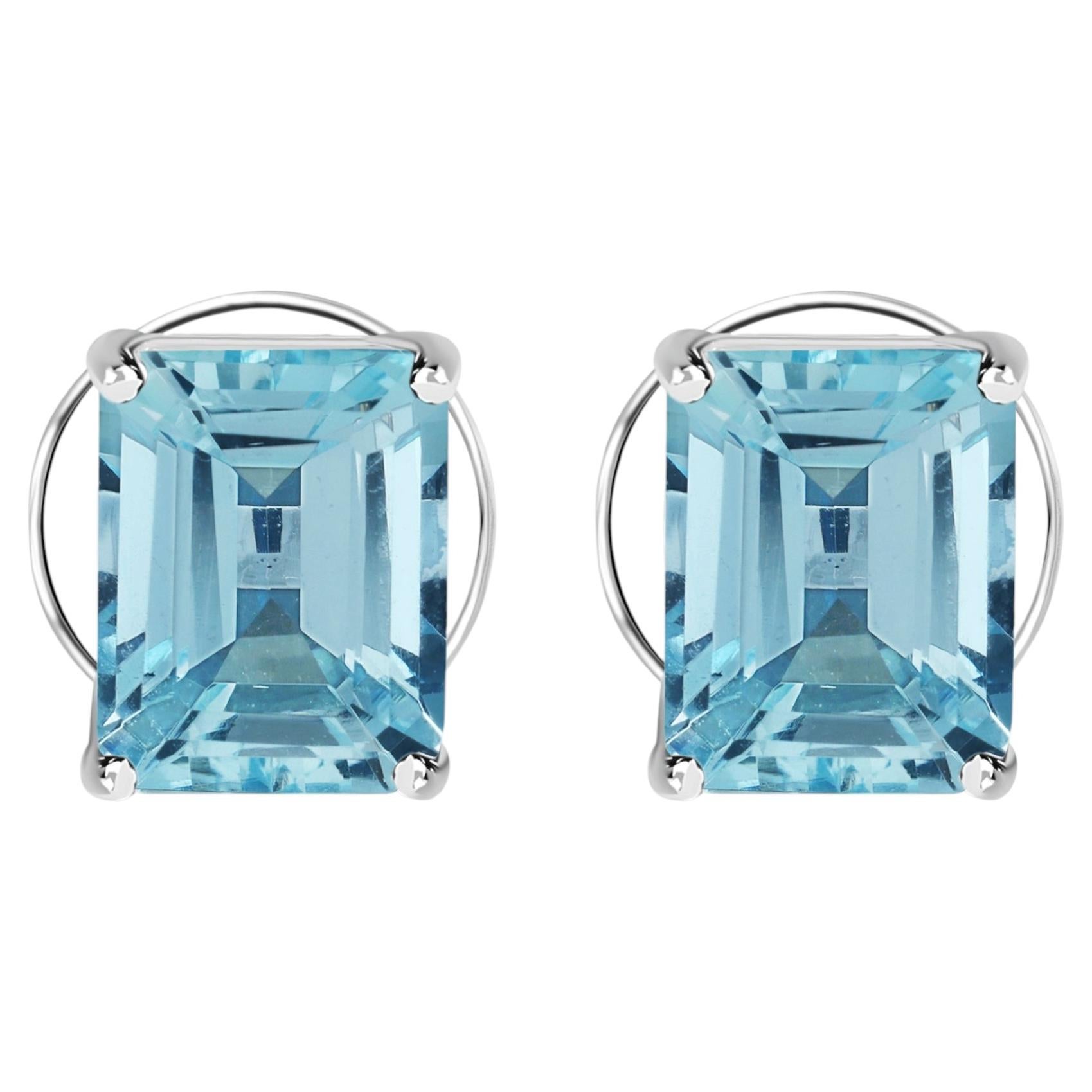 4.49 Carat Natural Aquamarine Emerald Cut Solitaire Stud Earrings 18K White Gold