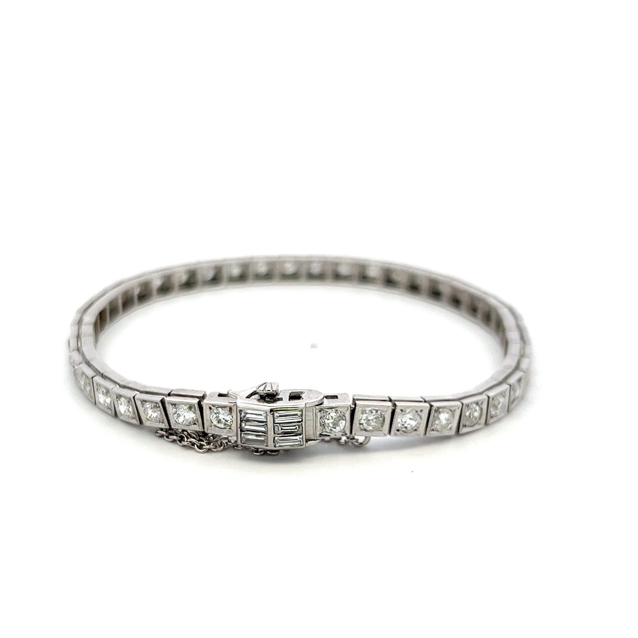 Pulsera de Tenis de Platino con Diamantes Baguette y Corte Europeo Antiguo de 4,49 Quilates Corte europeo antiguo en venta