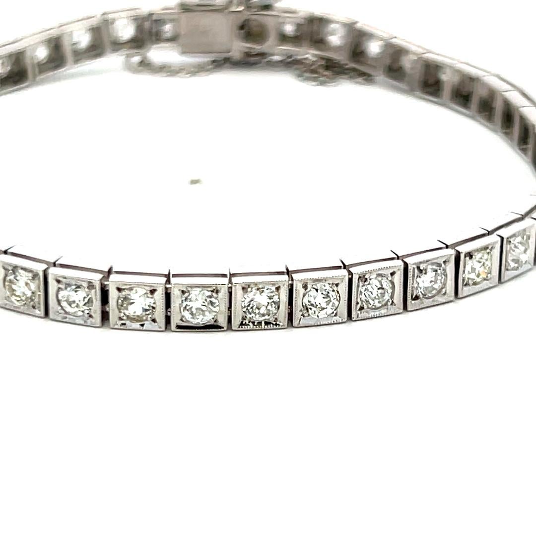 Pulsera de Tenis de Platino con Diamantes Baguette y Corte Europeo Antiguo de 4,49 Quilates en venta 1
