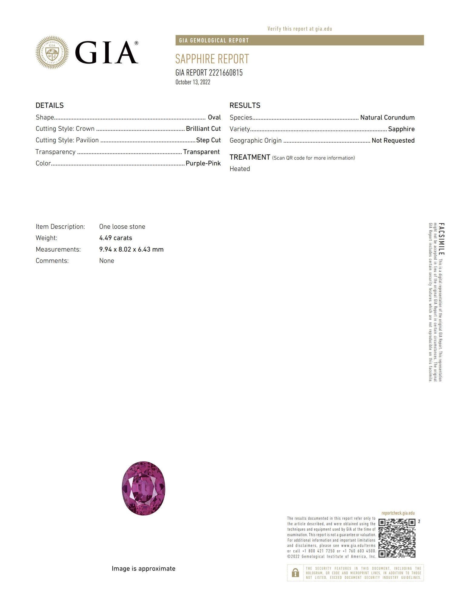 4,49 Karat ovaler rosa Saphir mit zwei Herzdiamanten in einem Platinring (Ovalschliff) im Angebot