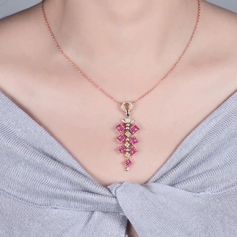 Contemporary 4.49 Carat Pink Tourmaline Diamond Necklace 14 Karat Rose Gold For Sale