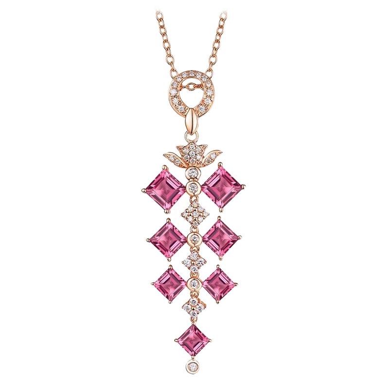 4.49 Carat Pink Tourmaline Diamond Necklace 14 Karat Rose Gold For Sale