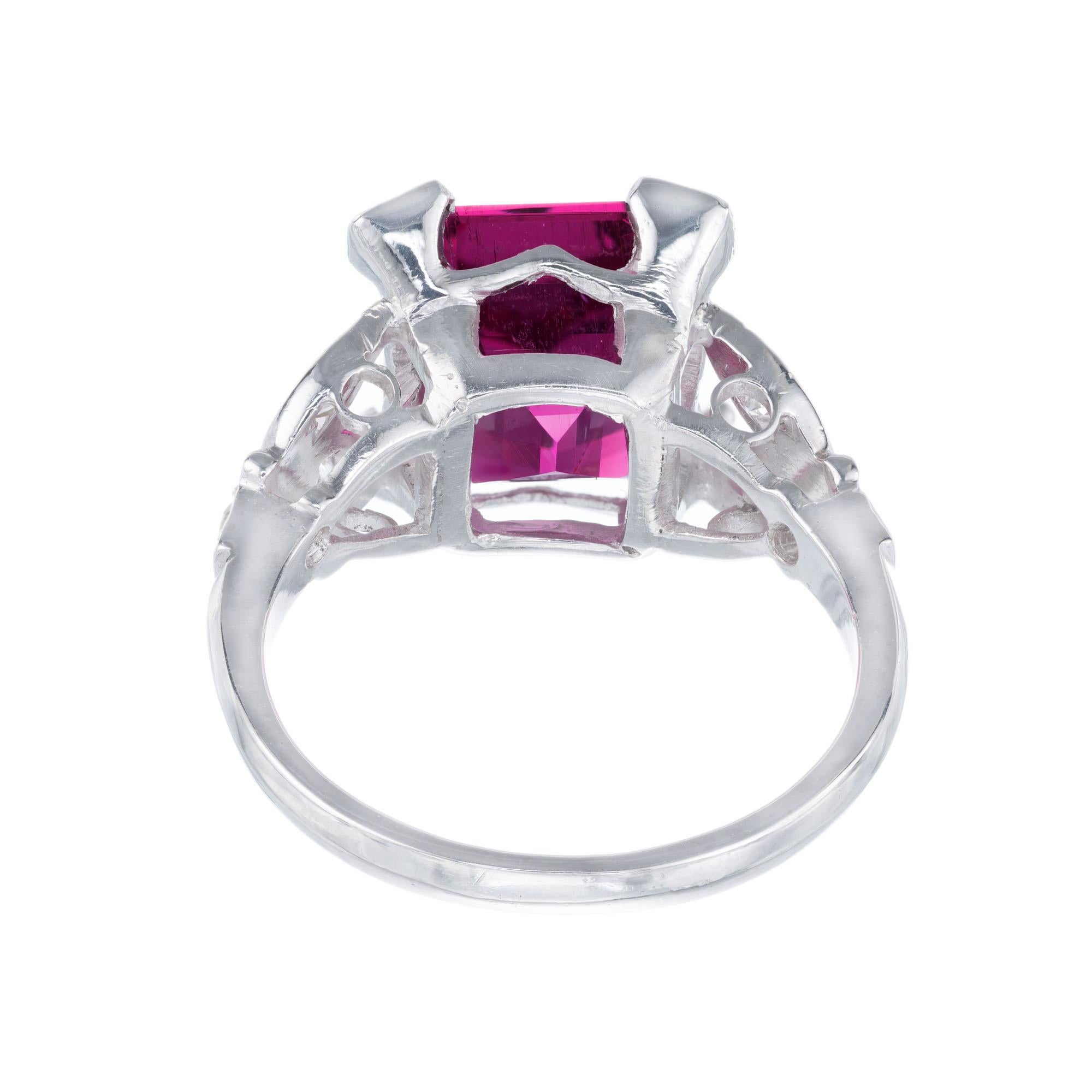 Round Cut 4.49 Carat Red Rubelite Tourmaline Diamond Platinum Ring For Sale