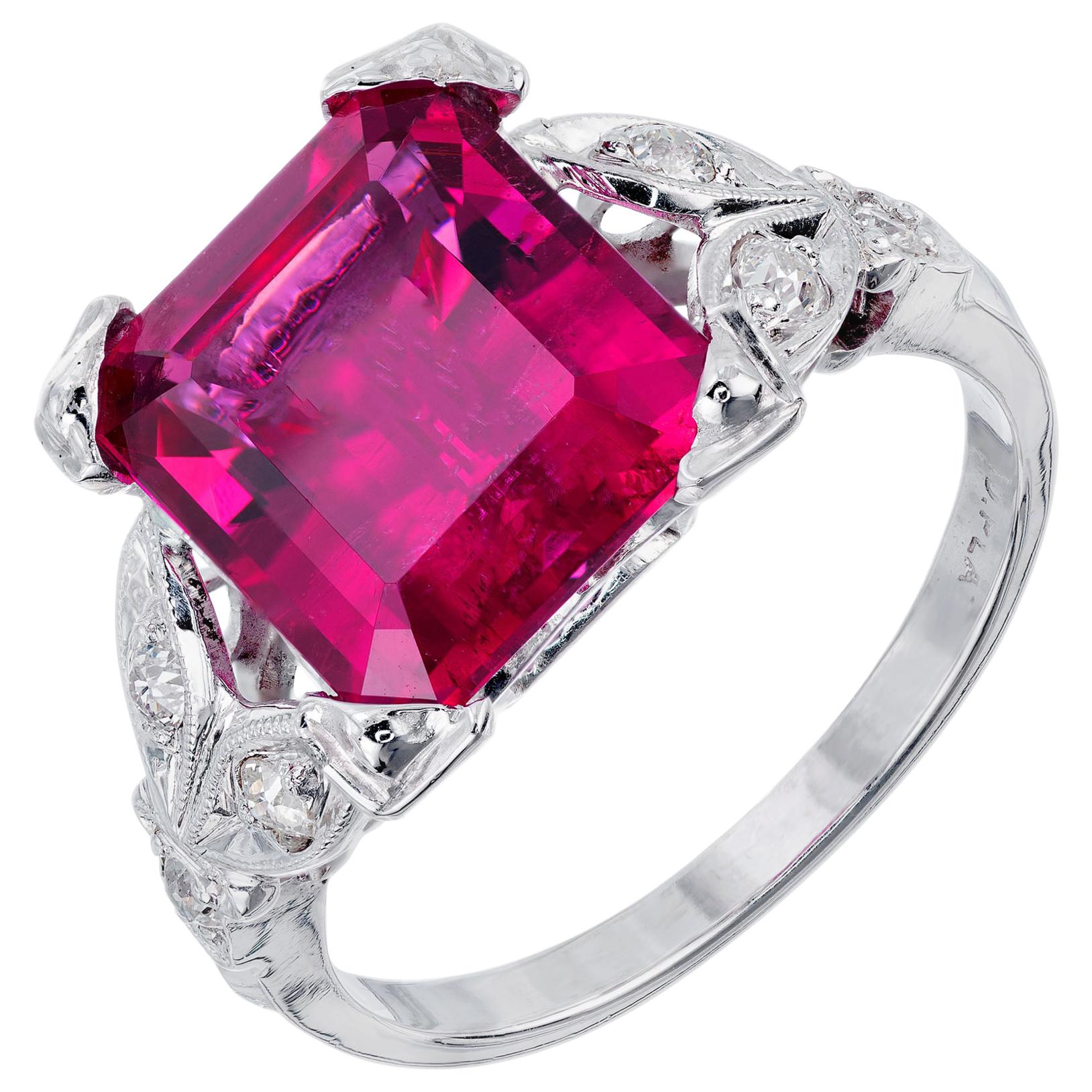 4.49 Carat Red Rubelite Tourmaline Diamond Platinum Ring For Sale