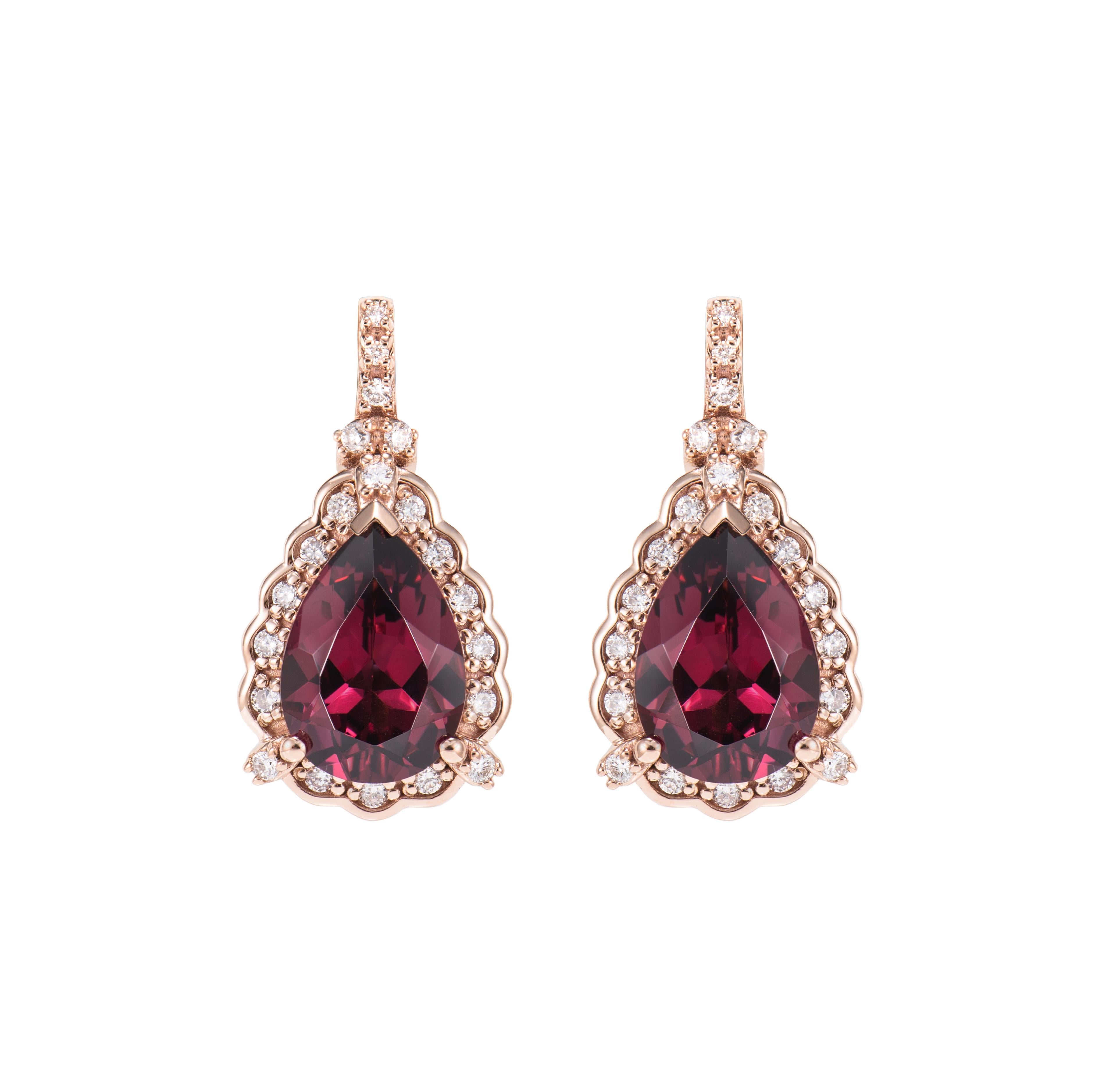 Contemporary 4.49 Carat Rhodolite Drop Earring in 18Karat Rose Gold with White Diamond For Sale