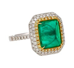 4.49 Carat Sugarloaf Cabochon Cut Colombian Emerald and Double Diamond Halo Ring