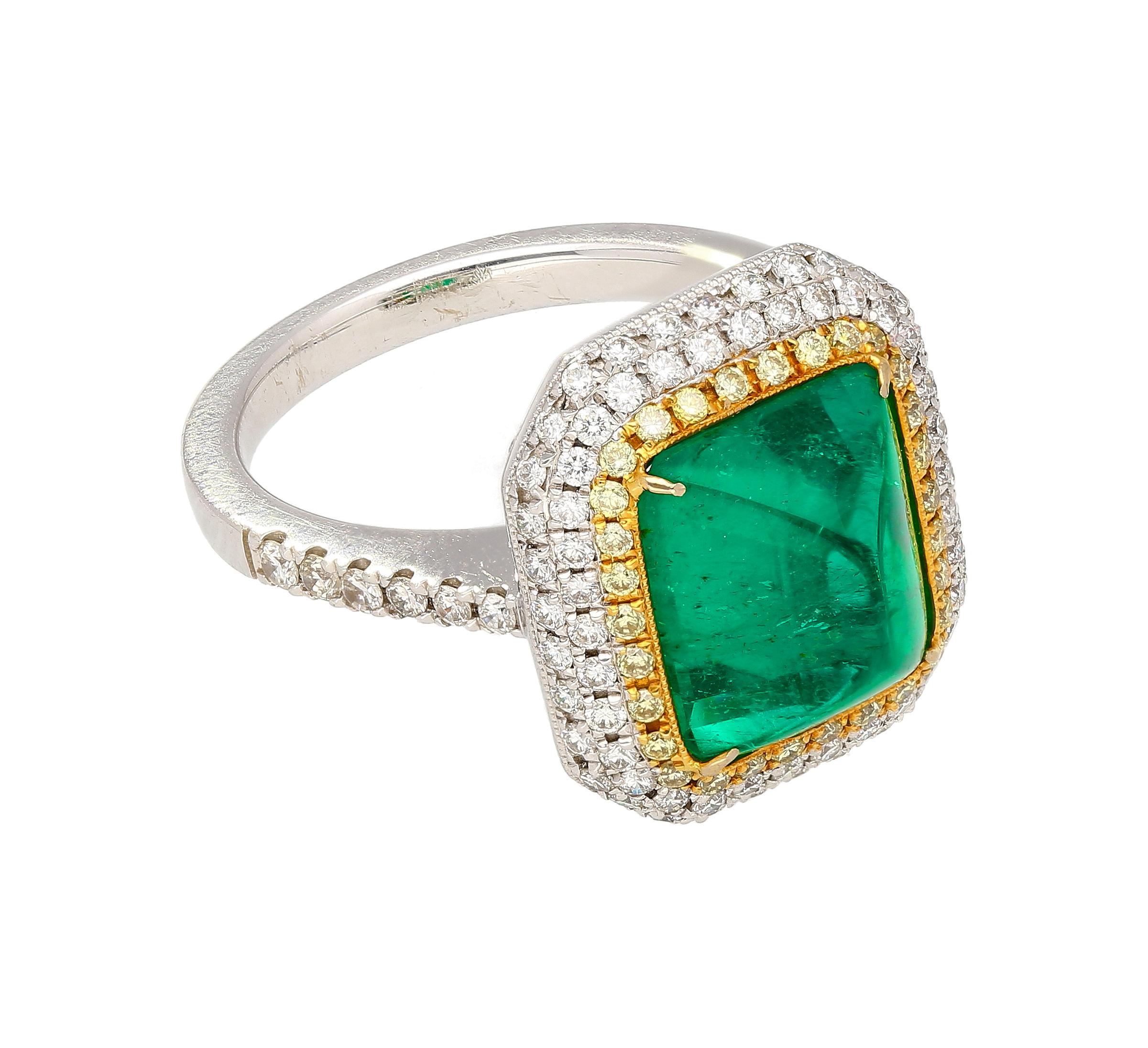 Art Deco 4.49 Carat Sugarloaf Cabochon Cut Colombian Emerald and Double Diamond Halo Ring For Sale