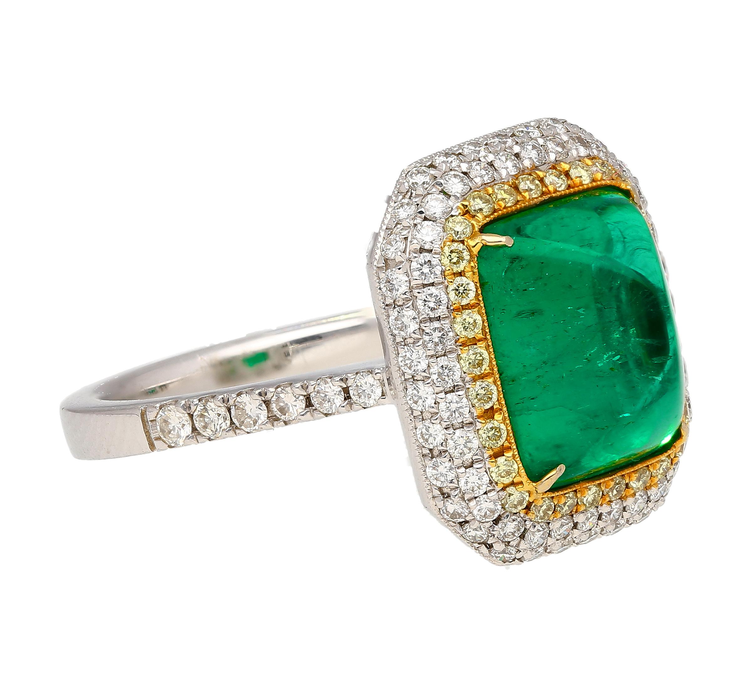 4.49 Carat Sugarloaf Cabochon Cut Colombian Emerald and Double Diamond Halo Ring In New Condition For Sale In Miami, FL