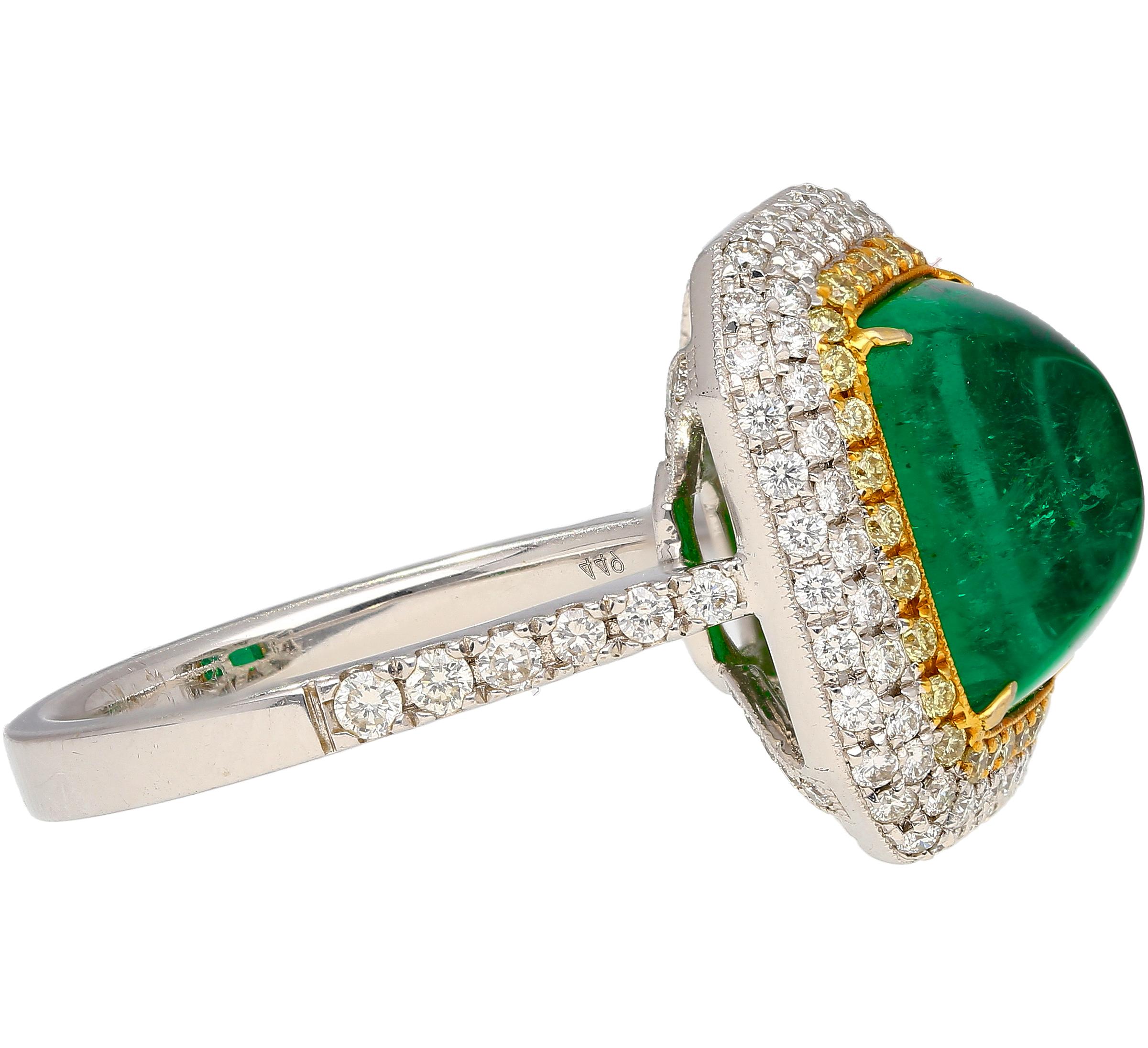 Women's 4.49 Carat Sugarloaf Cabochon Cut Colombian Emerald and Double Diamond Halo Ring For Sale