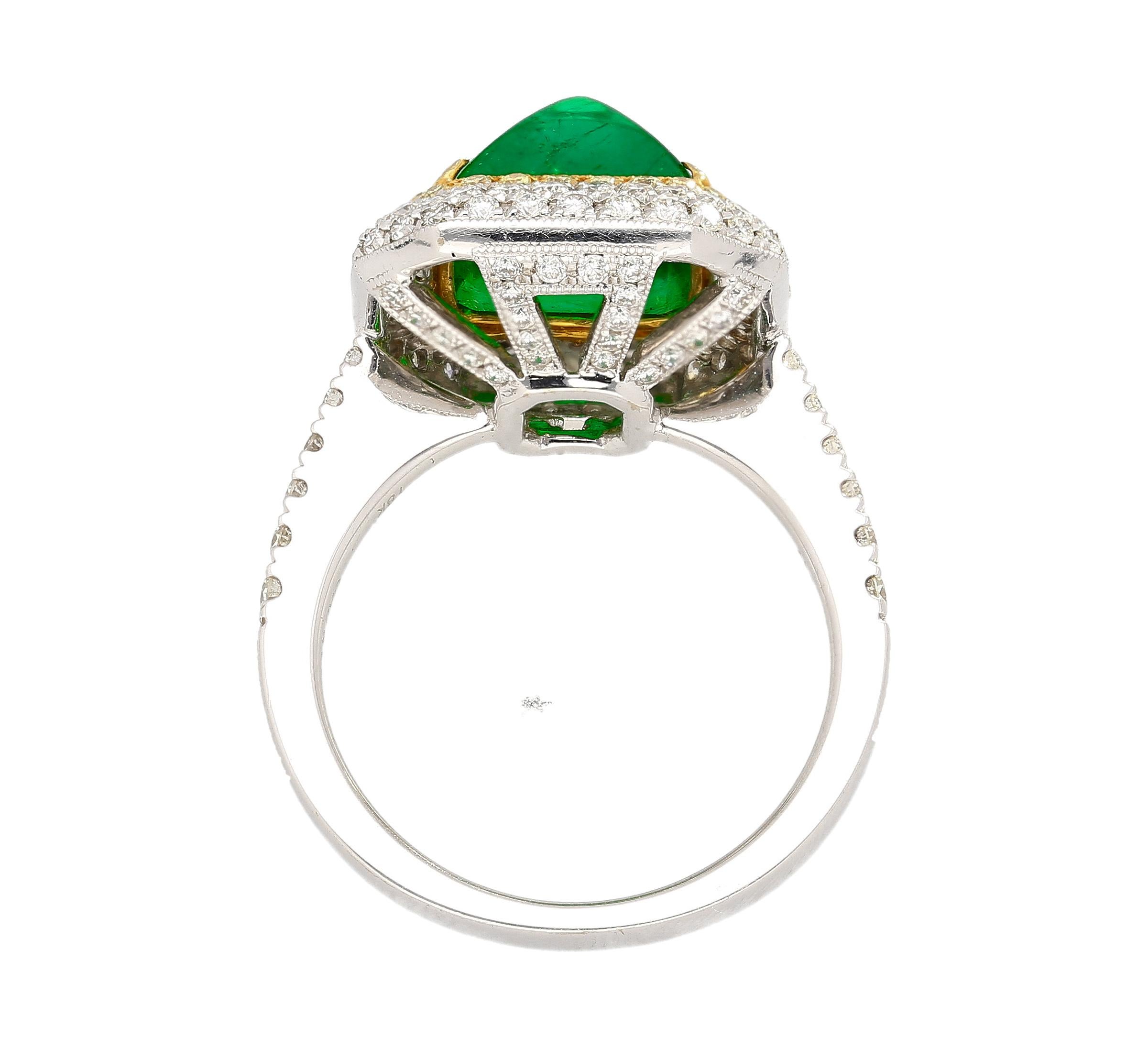 4.49 Carat Sugarloaf Cabochon Cut Colombian Emerald and Double Diamond Halo Ring For Sale 1