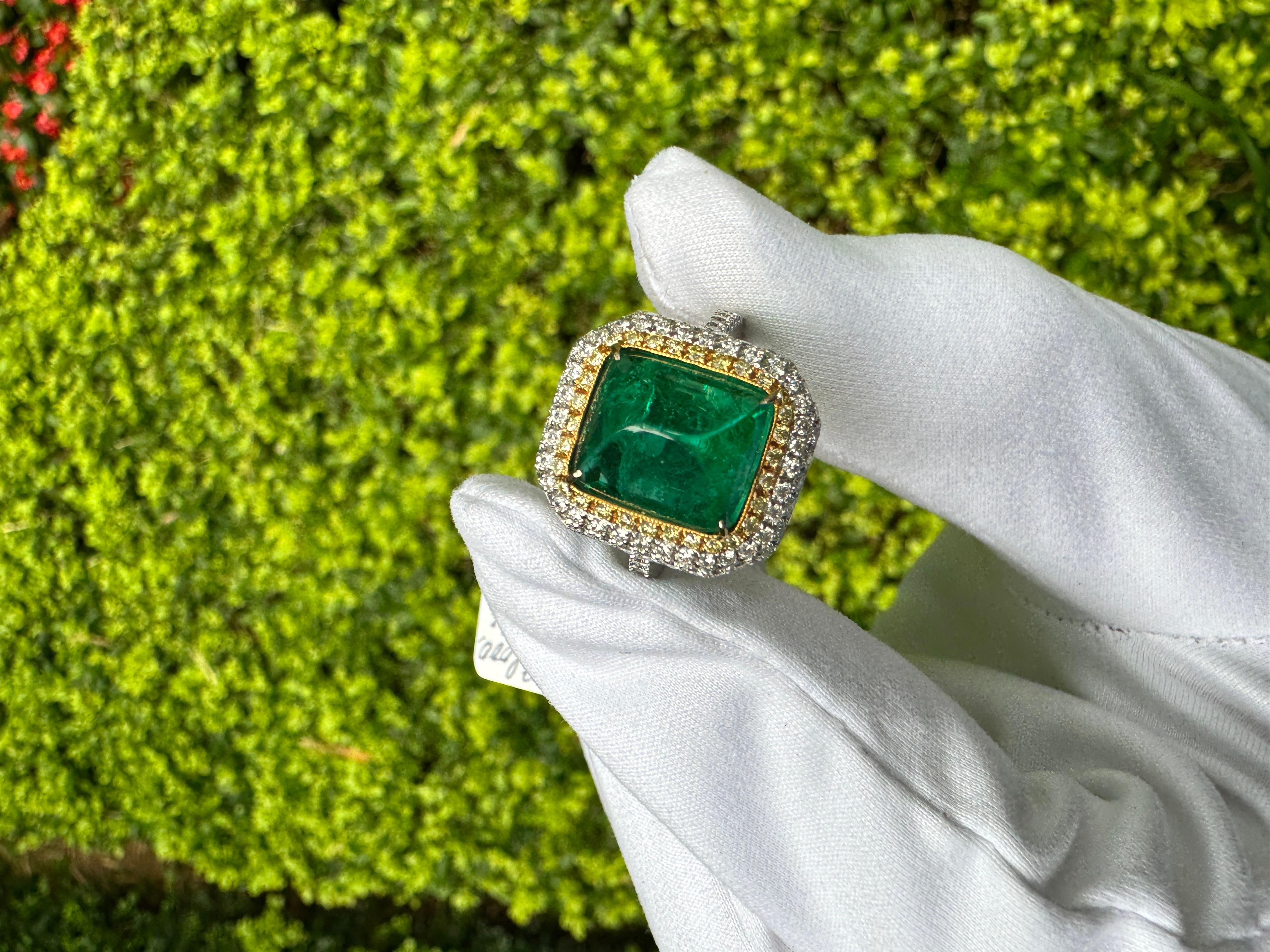 4.49 Carat Sugarloaf Cabochon Cut Colombian Emerald and Double Diamond Halo Ring For Sale 2