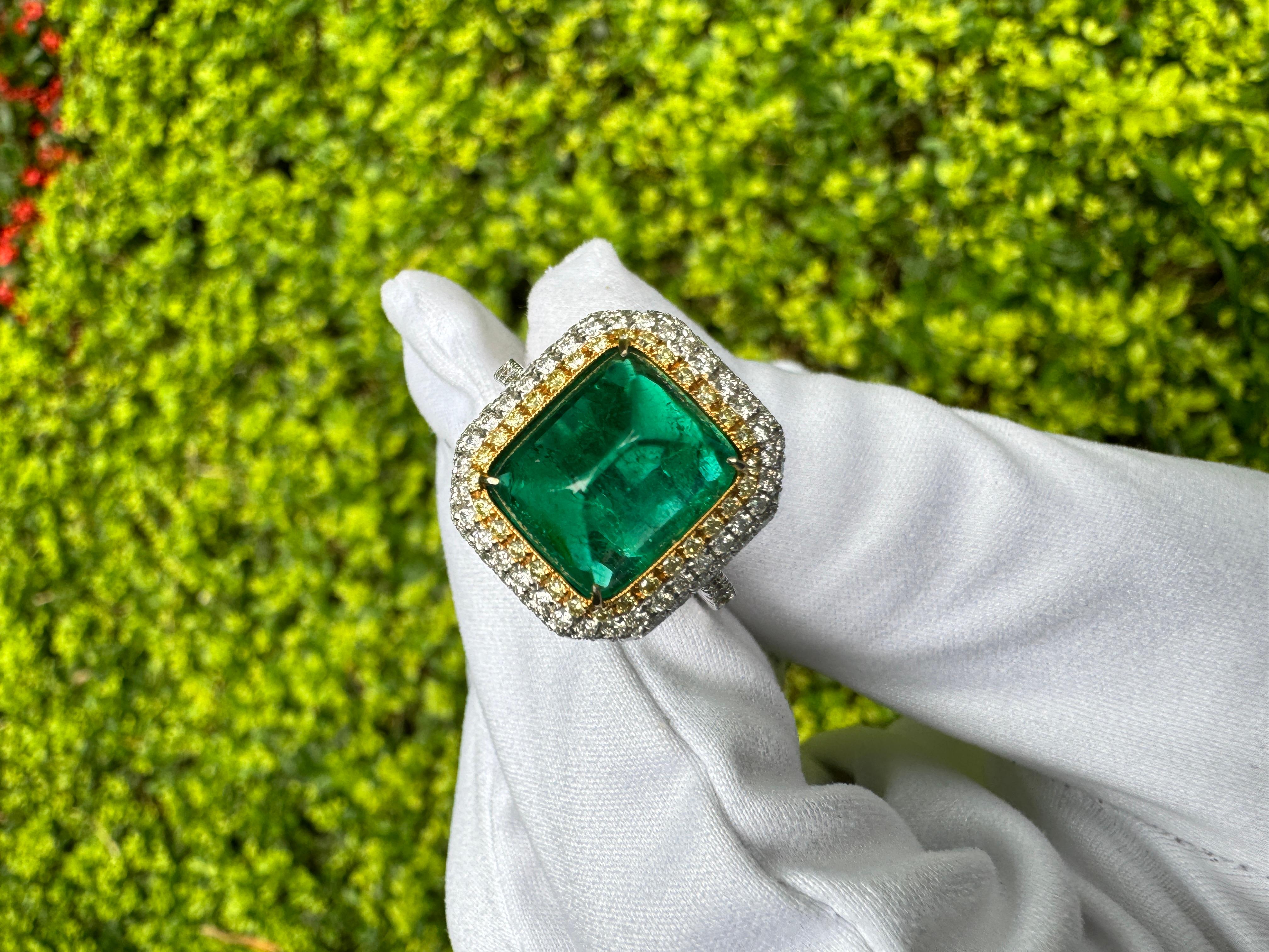 4.49 Carat Sugarloaf Cabochon Cut Colombian Emerald and Double Diamond Halo Ring For Sale 4